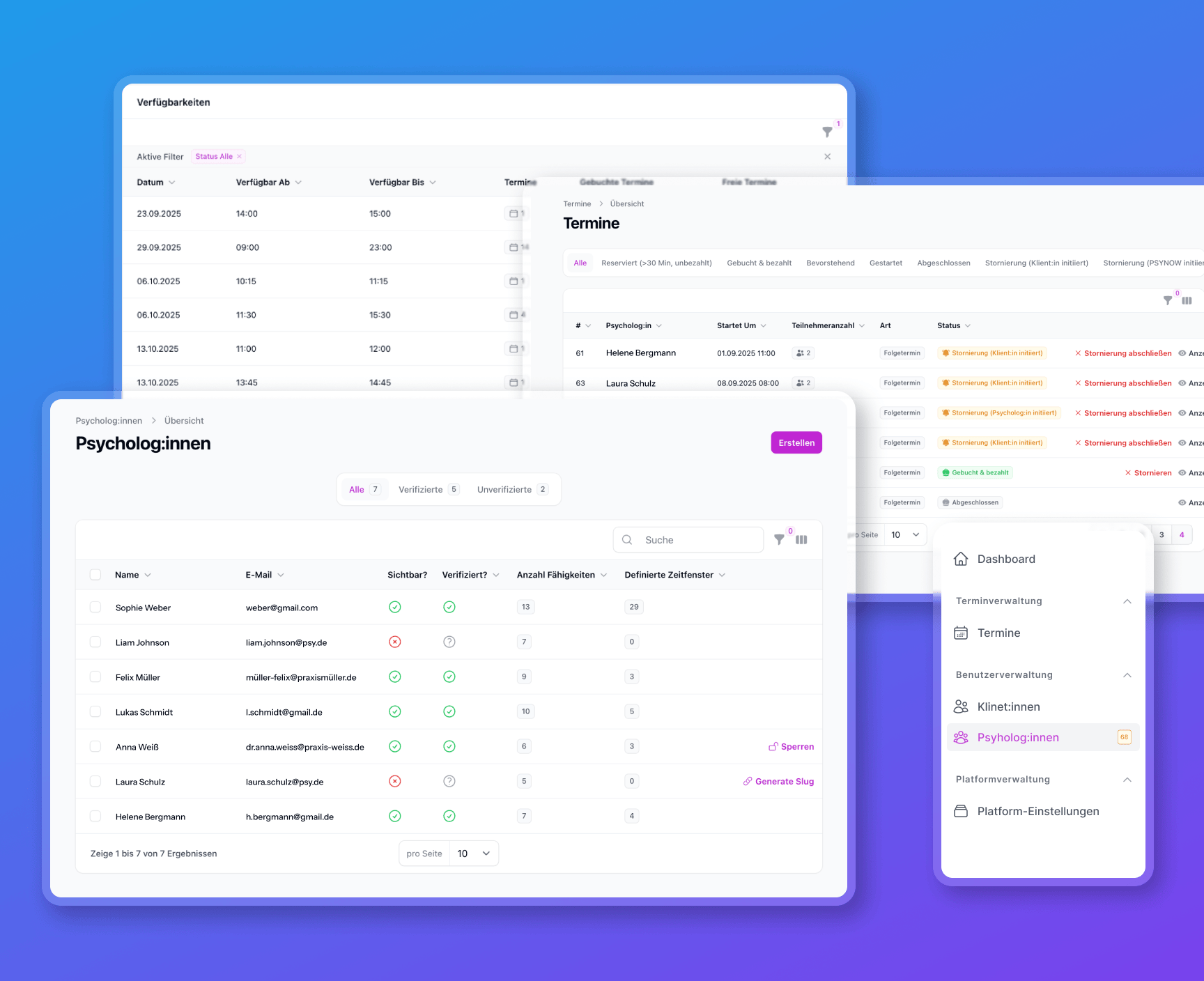 Dashboard von PSynow mit Übersicht zu Psychologinnen, Verfügbarkeiten und Terminen