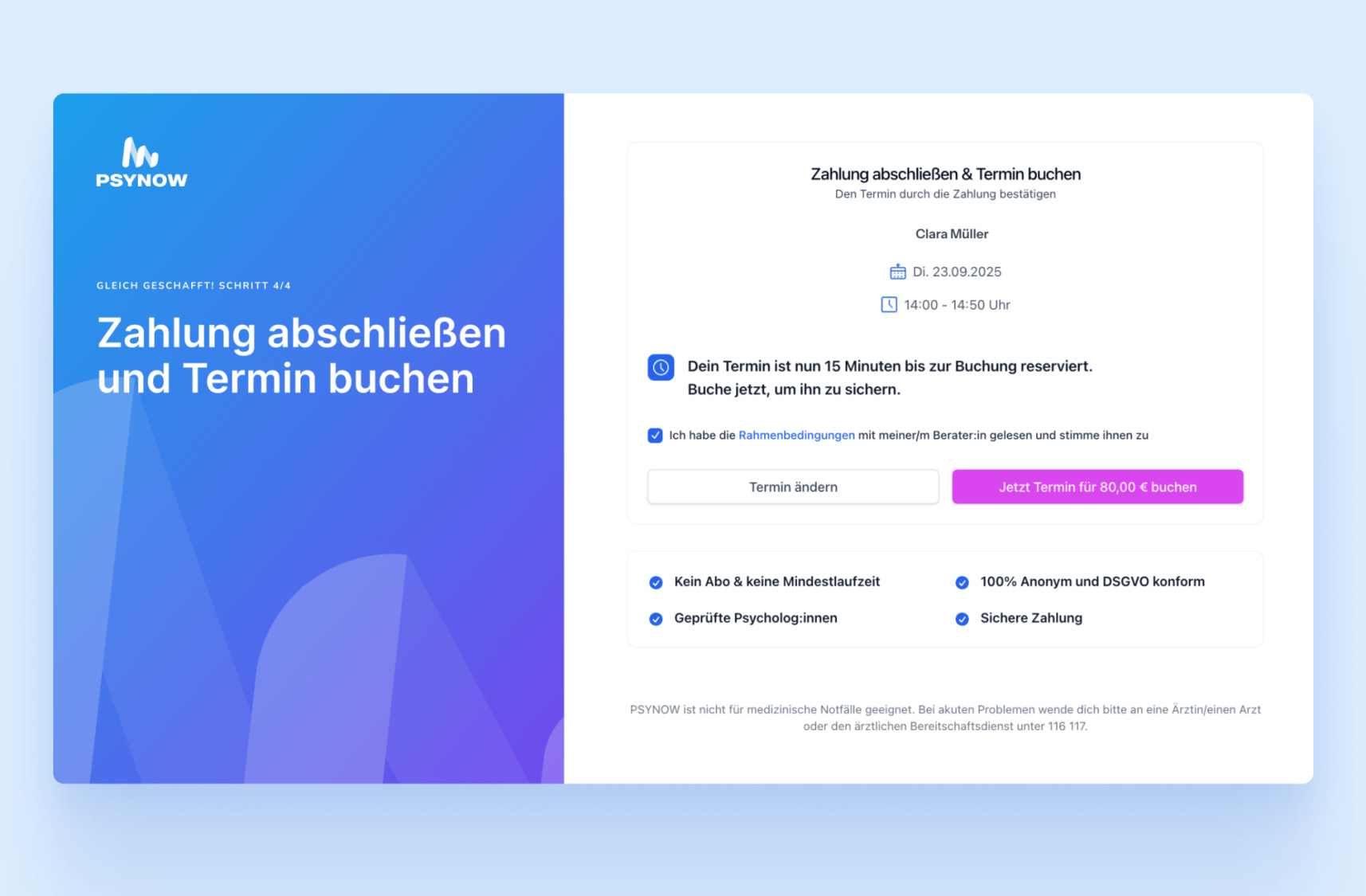 Best&auml;tigung der Terminbuchung mit ausgew&auml;hltem Psychologen