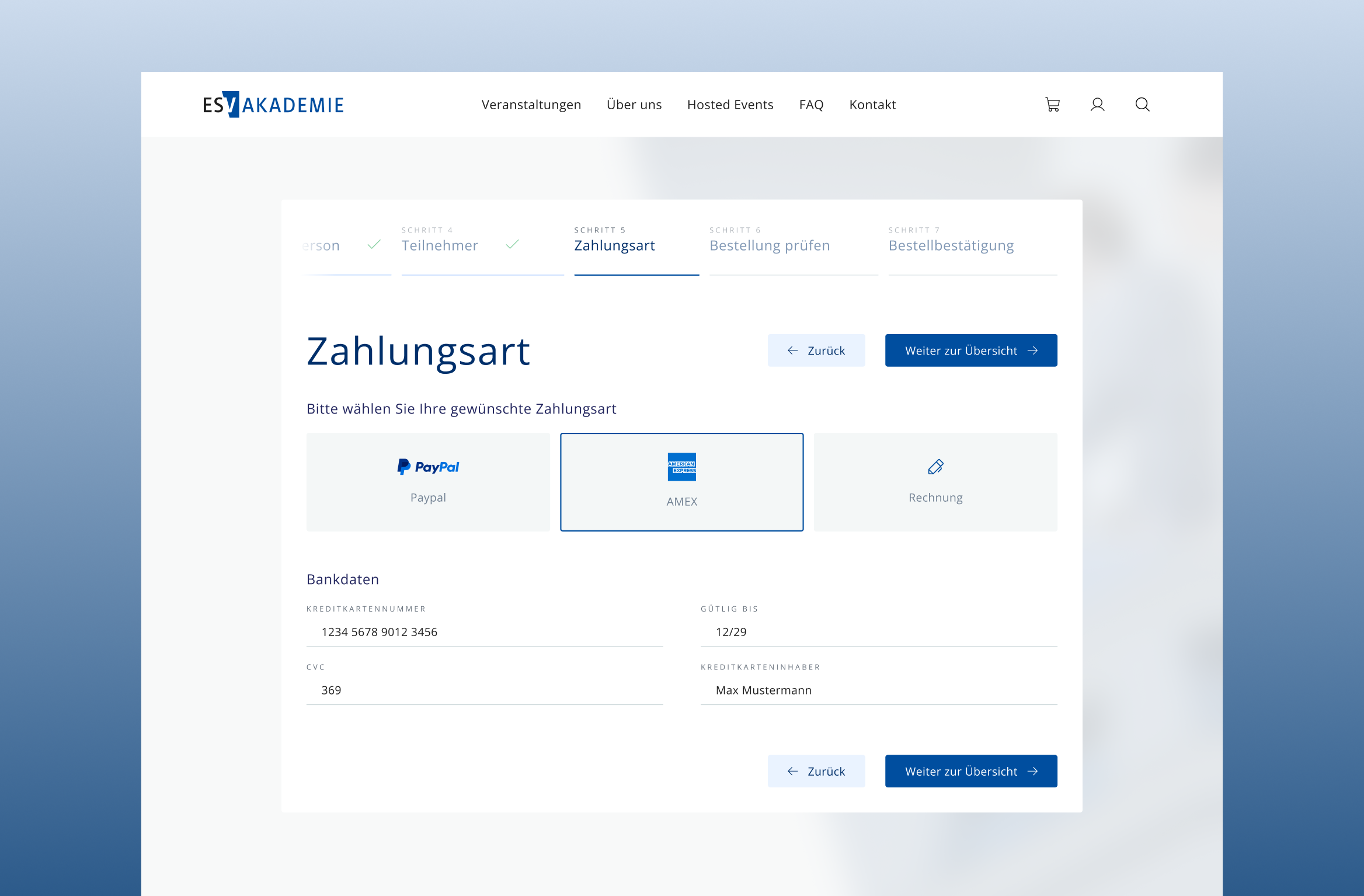 Checkout der ESV Akademie zur Auswahl der Zahlungsart