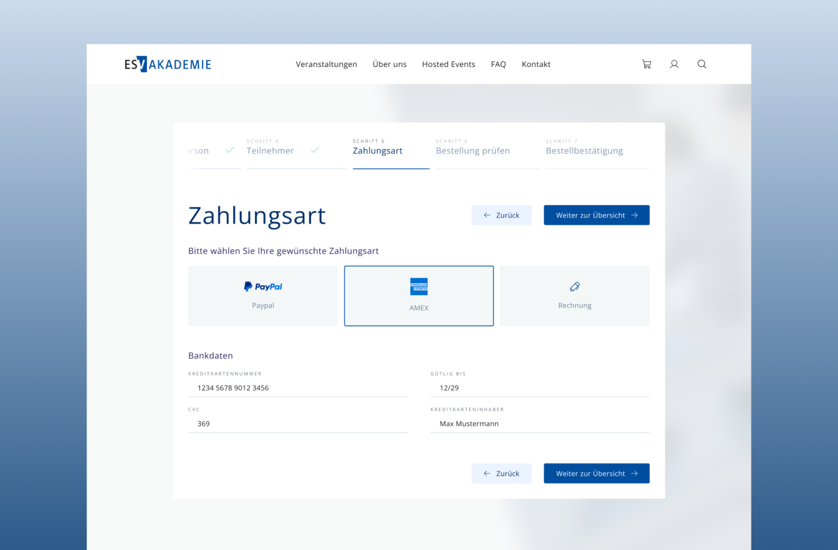 Checkout der ESV Akademie zur Auswahl der Zahlungsart