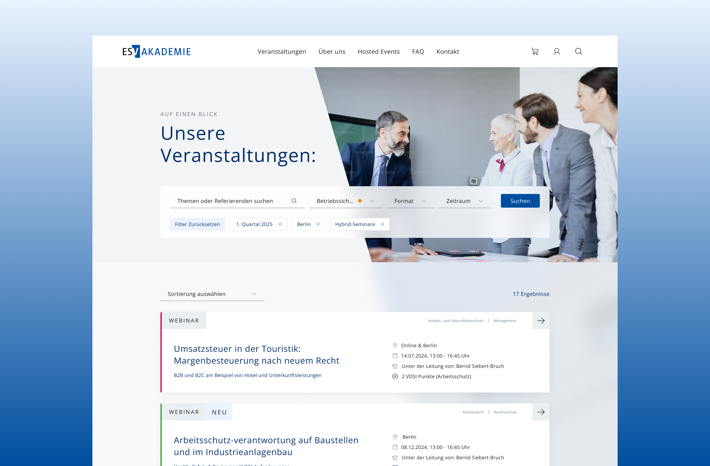 Veranstaltungsübersicht der ESV Akademie mit Filter- und Suchfunktionen
