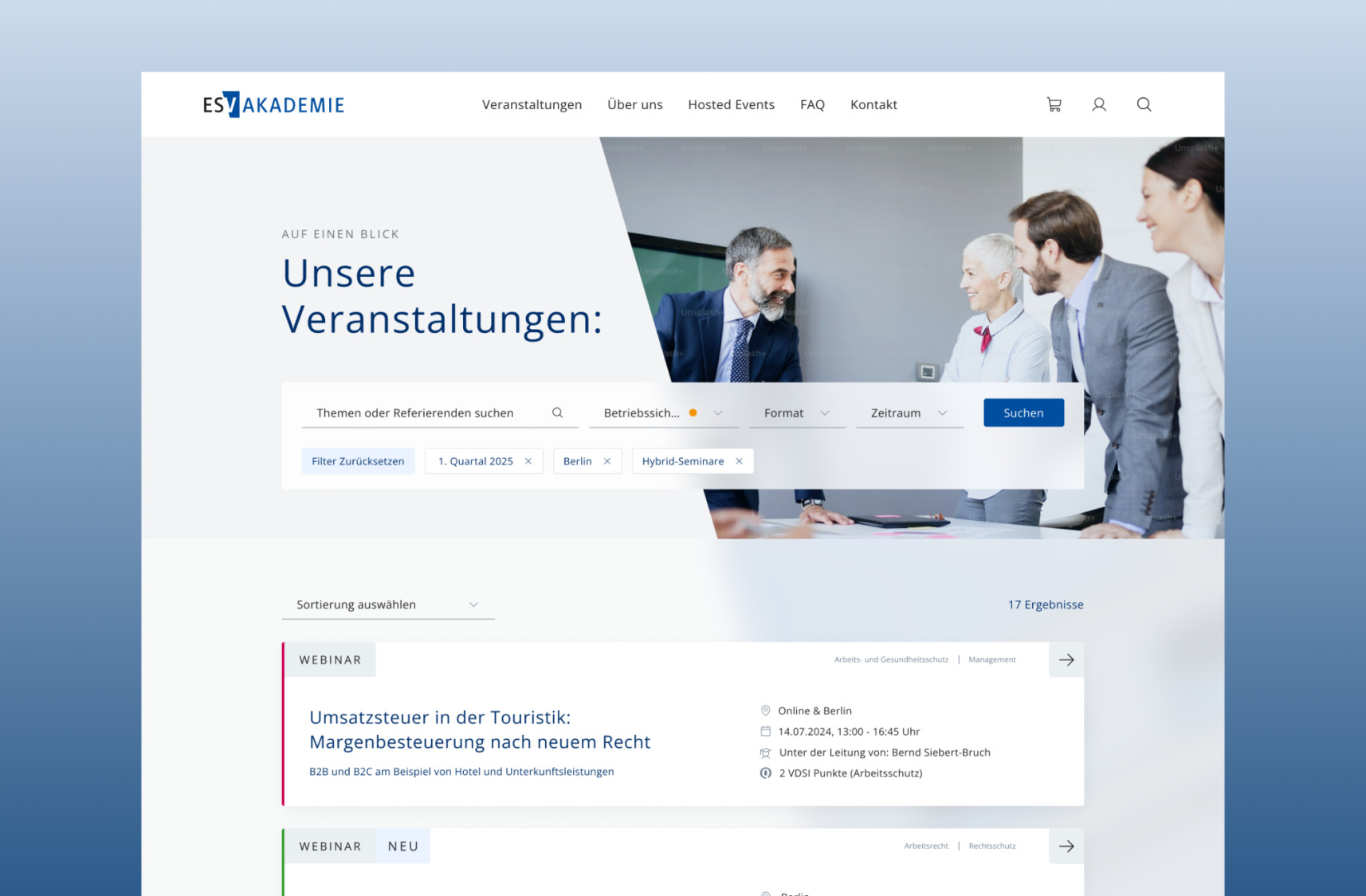Veranstaltungs&uuml;bersicht der ESV Akademie mit Filter- und Suchfunktionen