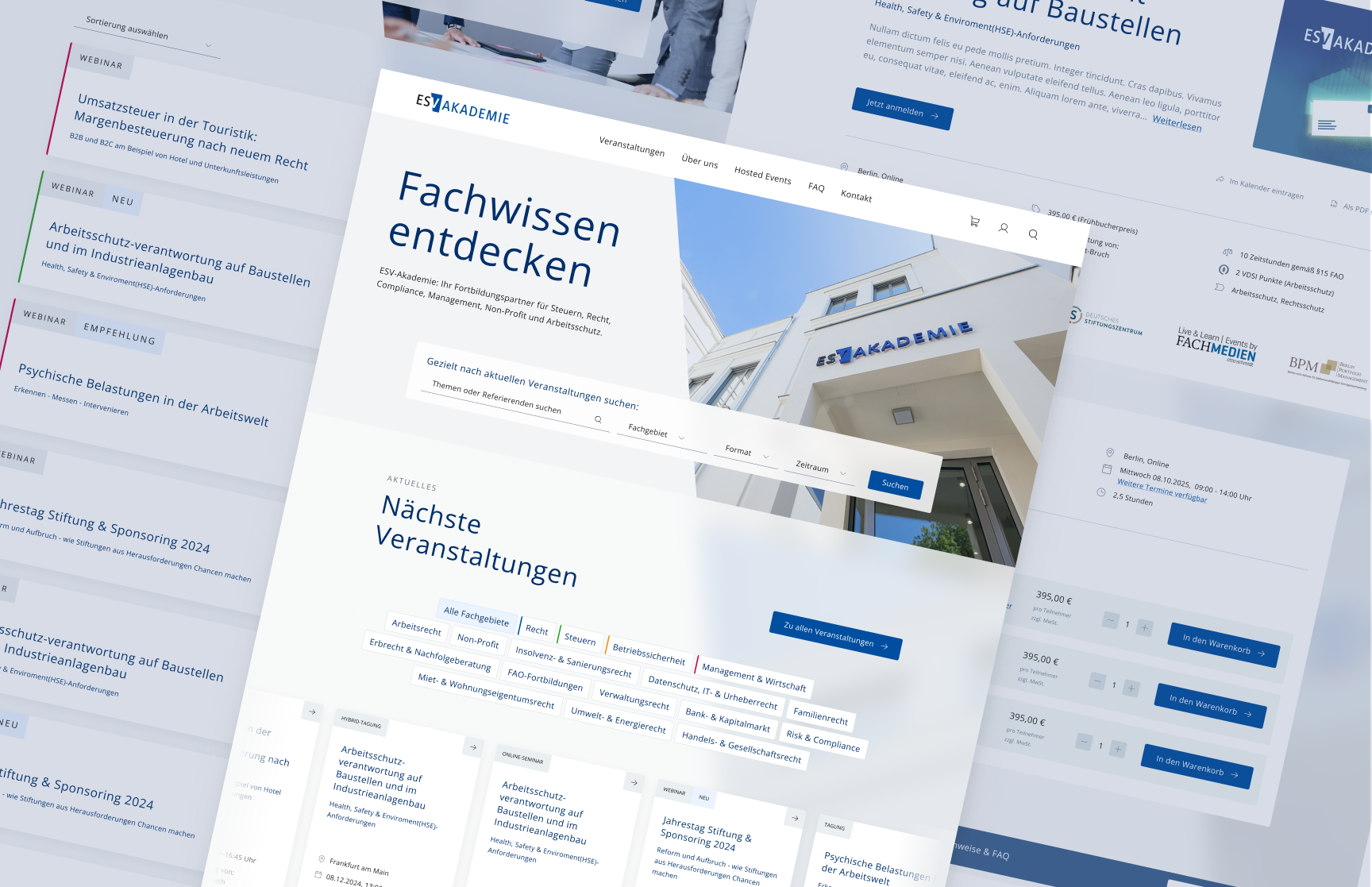 Übersicht der ESV Akademie Plattform mit Startseite und ausgewählten Unterseiten