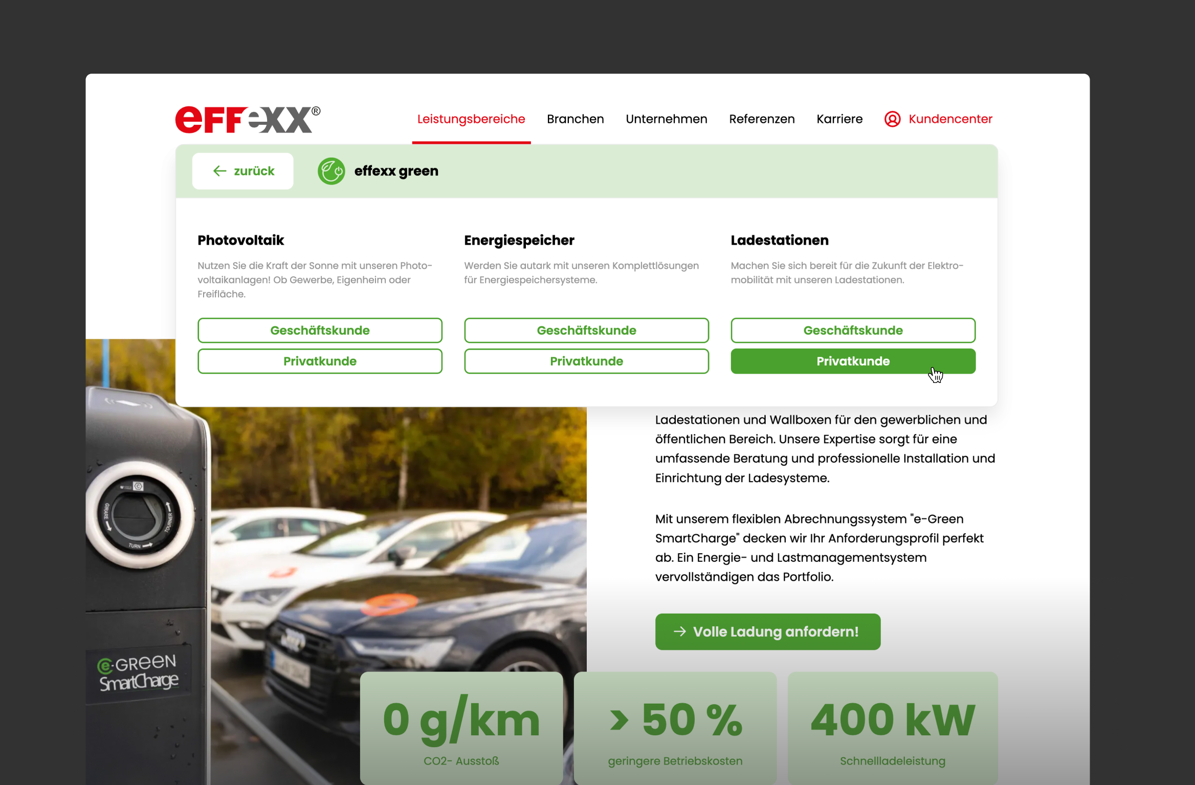 Navigationsansicht des Bereichs e-green – grün hervorgehobene Unterkategorie für nachhaltige Energielösungen