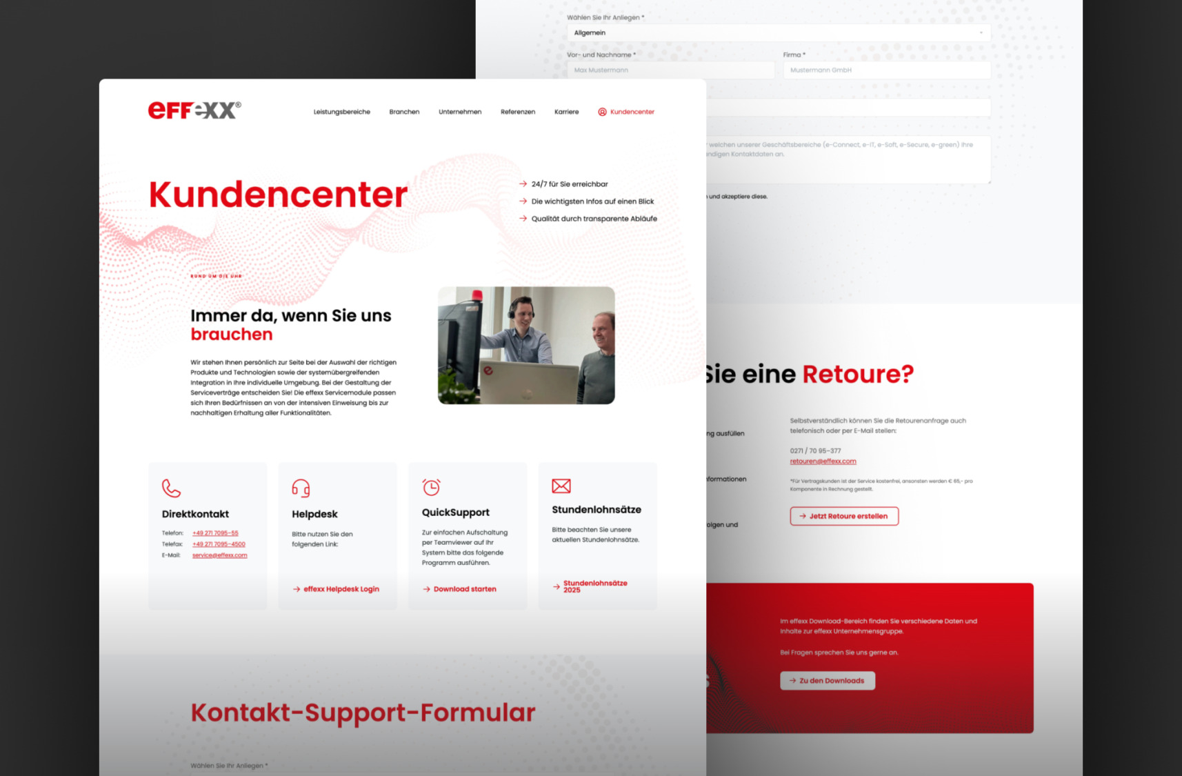 Zentrale Kundencenter-Seite von effexx mit Kontaktm&ouml;glichkeiten, Supportangeboten und Hilfebereich