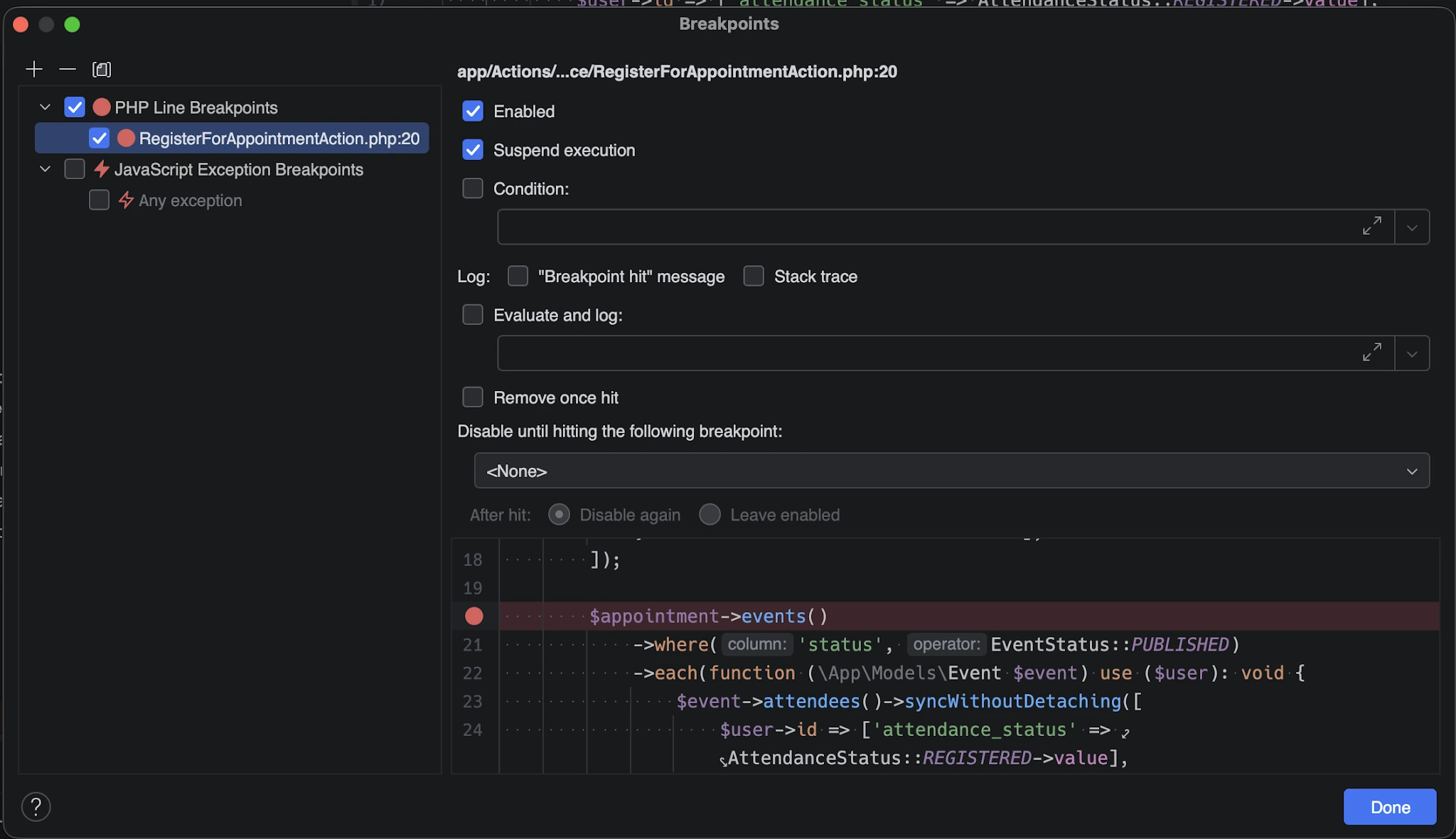 Das Einstellungsmenü für Breakpoints in PhpStorm, das zusätzliche Funktionen wie Log-Nachrichten, Stack Traces und die Option „Remove once hit“ zeigt