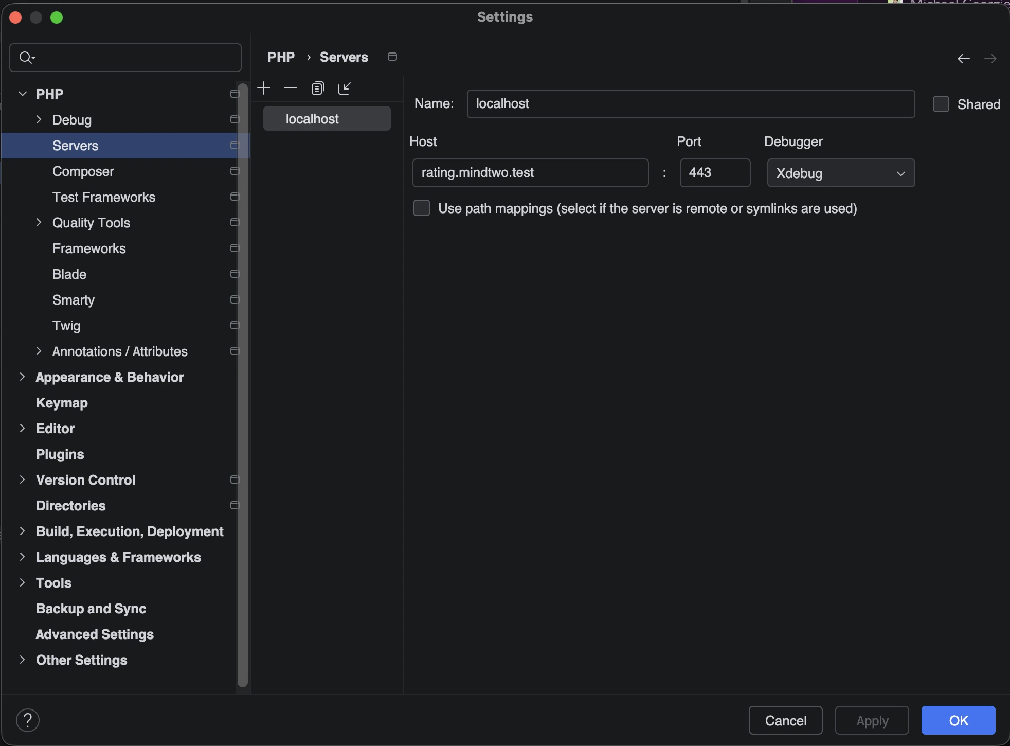 Detaillierte PHP-Interpreter-Einstellungen mit Pfaden zur PHP-Executable und der Konfigurationsdatei (php.ini) sowie der aktiven Xdebug-Version 3.4.0alpha2-dev