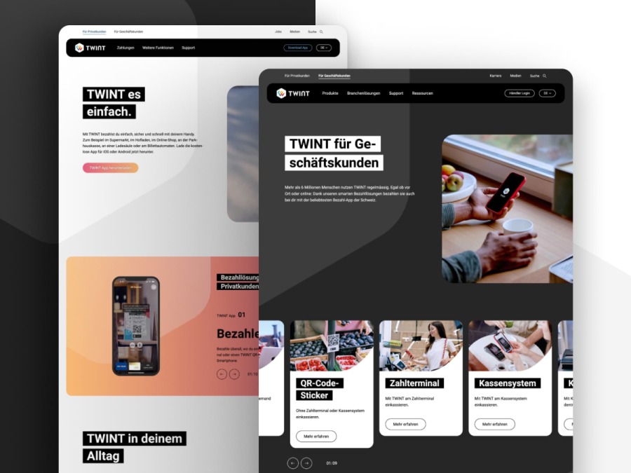 Vergleich der TWINT-Website-Layouts f&uuml;r Privatkunden (helles Design) und Gesch&auml;ftskunden (dunkles Design)