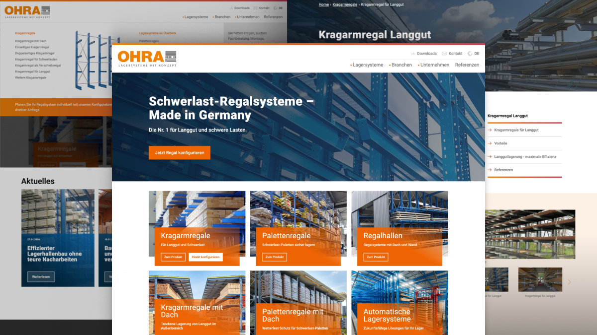 Website-Layouts der Firma OHRA mit Schwerlast-Regalsystemen, darunter Kragarmregale, Palettenregale und automatische Lagersysteme