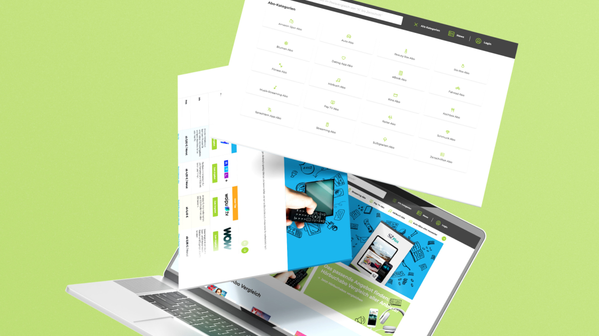 abo24 Webdesign-Komponenten und Kategorie-Raster auf einem Laptop.