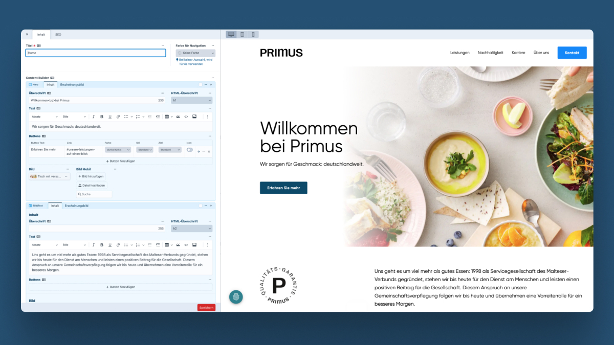 Split-Screen-Ansicht des Content-Management-Systems zur Bearbeitung der PRIMUS Website links und der Live-Vorschau der Startseite rechts.